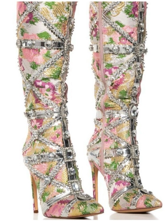 Azalea Wang Shoes - Embellished Pink Floral Over-the-Knee Stiletto Boots
